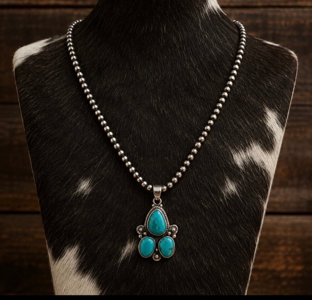 Kingman Turquoise Sterling Silver Pendant-16" Pearl Necklace